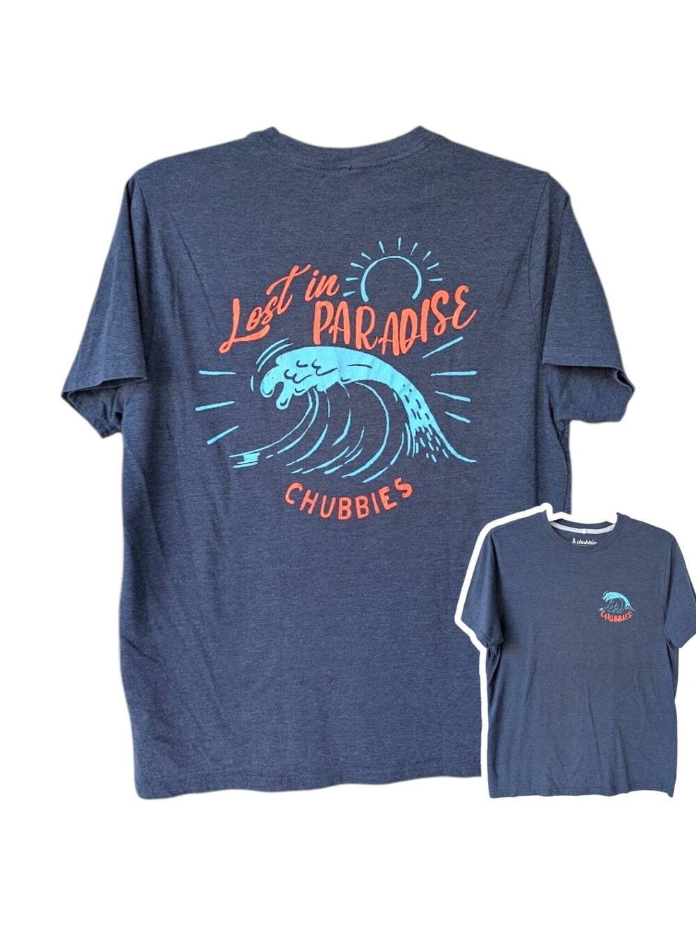 Chubbies Lost in Paradise Wave Graphic T-Shirt Blue L 21.5x28 Vintage Wash Surf